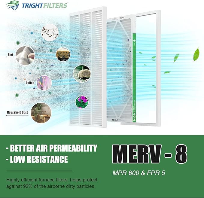 TRIGHTFILTERS 14x30x1 Air Filter 6 Pack, Durable MERV 8 Pleated Home HVAC AC Furnace Filters, Lightweight Compact Air Conditioner Filter Replacement