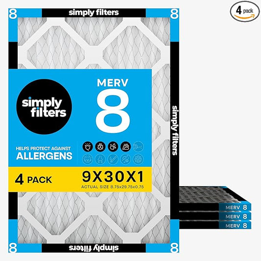 Simply 9X30X1 Air Filter, Merv 8, MPR 600, 4 Pack, Furnace Air Filter for HVAC (Actual Size: 8.75"x29.75"x0.75") DUST, Pet, & Allergy Control