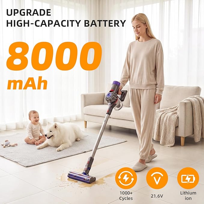 8000mAh V7 Battery Replacement 21.6V Compatible with Dyson SV11 V7 Animal/Motorhead/Fluffy/Absolute/HEPA/Trigger/Car Boat Vacuum Cleaners 3 Filters (2 Pre + 1 Post)