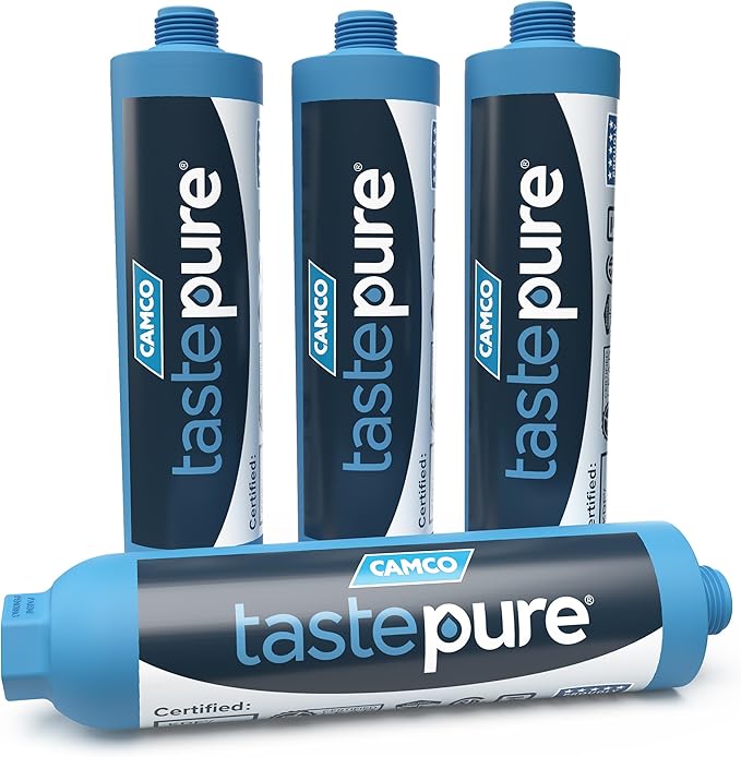 Camco TastePURE 20-Micron Wide-Body Inline Design Water Filter with GAC and KDF Filtration for RVs, Boats, Travel Trailers, and Campers (4-Pack)