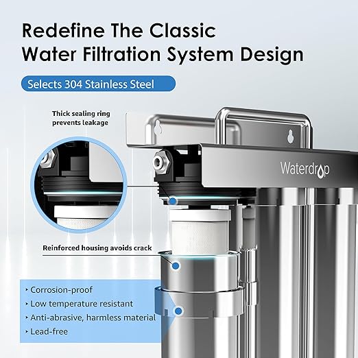 Waterdrop TST-UF 0.01μm Ultra-Filtration Under Sink Water Filter System, Stainless Steel Under Sink Water Filtration System, Removes 99% of Substances, Chlorine, Bad Taste & Odor, No Drill Required