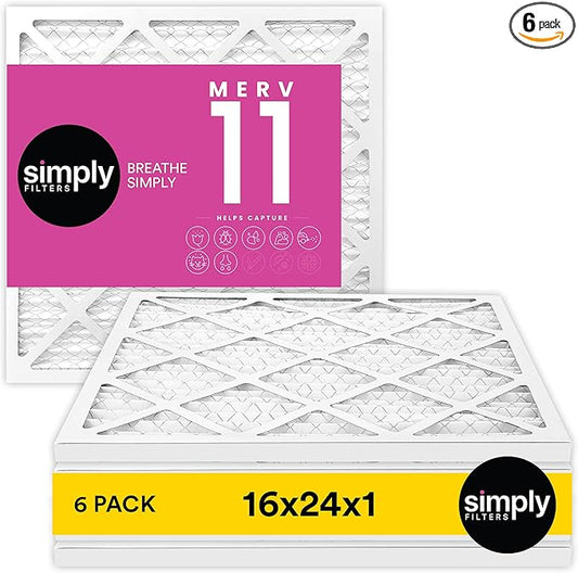 Simply 16x24x1 Air Filter, Merv 11, 6 Pack, For Home AC Furnace & HVAC (Actual Size: 15.75"x23.75"x0.75") DUST, Pet, & Allergy Control