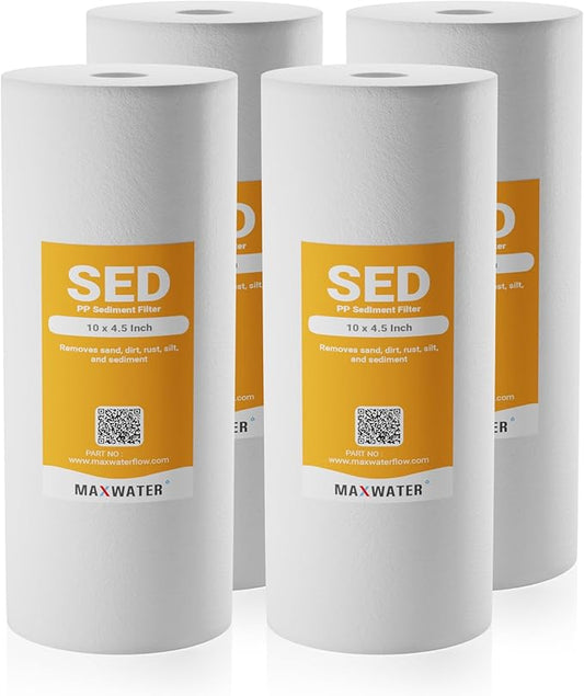 Max Water 1 Micron 10 x 4.5 Whole House Sediment Filter Cartridge for Whole House Water Filter Replacement Compatible with DGD-5005, AP810, WFHD13001B, 4-Pack