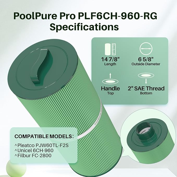 POOLPURE 6CH-960 Antimicrobial Spa Filters, Compatible with PJW60TL-F2S, Jacuzzi J-300, J400, Unicel 6CH-960, FC-2800, 6540-476, 6540-383, Hot Tub Filter with Closed Handle