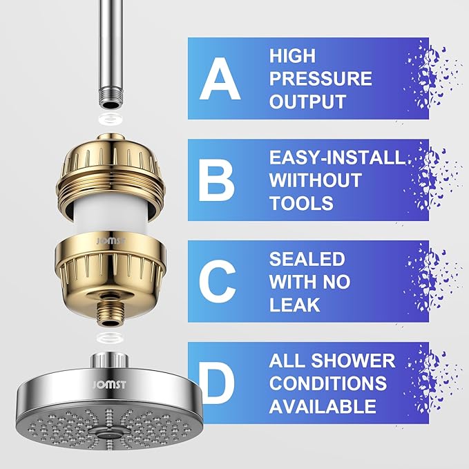 25 Stages Shower Filter with 3 Cores - Maximize Shower Sediment Filtration & Reduce 97.45% Chlorine in Shower Water - For Softer Skin & Shinier Hair - Gold