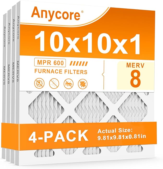 10x10x1 Air Filter 4 Pack MERV 8 HVAC AC Furnace Pleated Air Filters for Home Office MPR 600 FPR 5 (Actual Size: 9.81x9.81x0.81 inch)