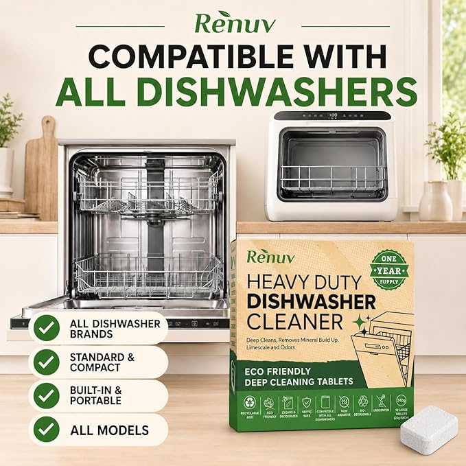 Renuv Garbage Disposal Cleaner + Dishwasher Cleaner - Heavy Duty Kitchen Appliance Deep Cleaning, Descaling and Deodorizing, (12 Tablets of each)