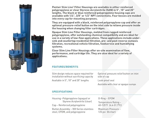 Pentair Pentek 158195 Traditional Slim Line Filter Housing, 1/2" NPT #10 Under Sink Opaque Water Filter Housing with Pressure Relief Button, 10-Inch, Blue