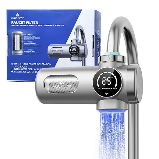Faucet Water Filter, 3-Stage Filter with UV-C & Self-Powered Display, Dual Modes for Tap/Filtered Water, Safe for Food & Skin Fits 22/24/28mm and Circular Tap