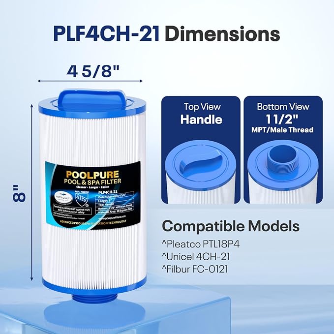 POOLPURE 4CH-21 Spa Filter Replaces PDM25P4, PTL18P4, PA13, PA17, Filbur FC-0121, 20245-238, PVT-25N, Baleen AK-9003, SD-00845, 18 sq.ft Screw in Male Fine(1 1/2" MPT) Thread Filter 1PACK