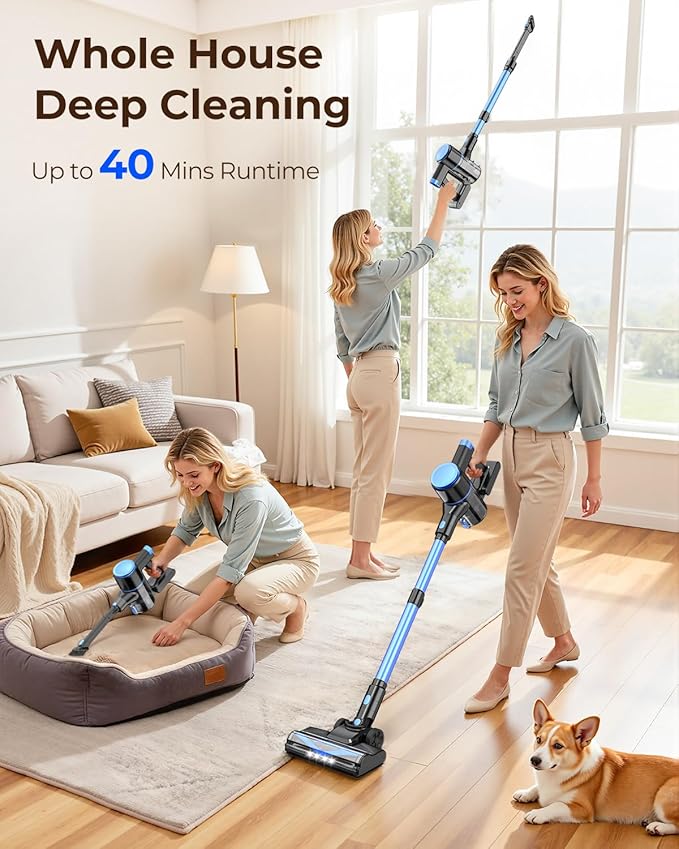 UML0 N8 Cordless Vacuum Cleaner,Lightweight Stick Vacuum with Powerful Suction,2200mAh Battery,40 Mins Runtime, Self-Standing,Rechargeable Vacuum Cleaners for Home Hardwood Floor Pet Hair (Cobalt)