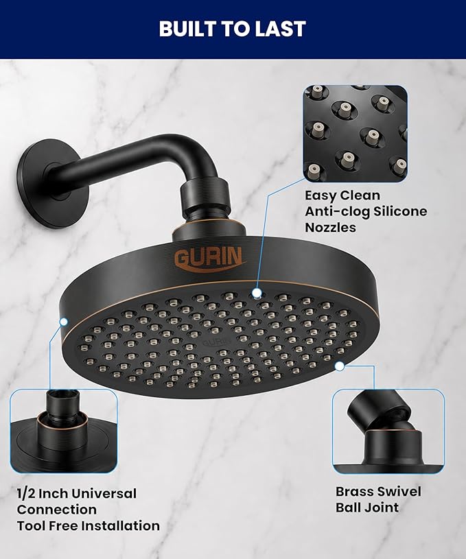 GURIN Shower Head - Powerful High Pressure Rain Shower Head 6 Inch - Luxury Rainfall Showerhead with Adjustable Angles, 90 Anti-Clog Nozzles, Tool-Free 1-Min Install, Premium Oil Rubbed Bronze Finish