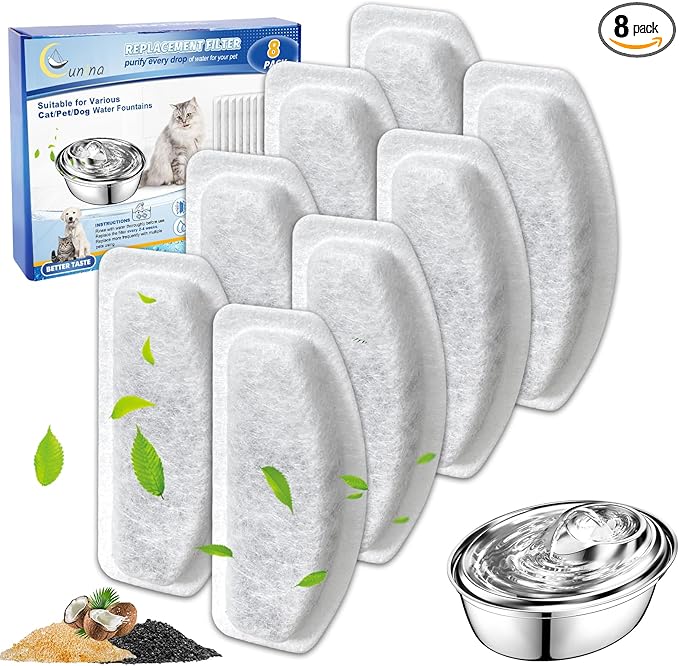 Cat Water Fountain Filter, 8 Pcs Replacement Water Filter Compatible with ORSDA D30 67oz/2L Stainless Steel Pet Water Fountains, 3 Triple Filtration System Automatic Pet Fountain Resin Filters