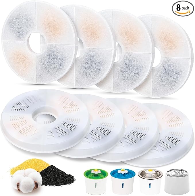 8 Pack Cat Water Fountain Filter Replacement Compatible with Catit, Cat Fountain Filters Compatible with Catit Design Senses Fountain/Flower Fountain/Senses 2.0 / Fresh & Clear Stainless Steel