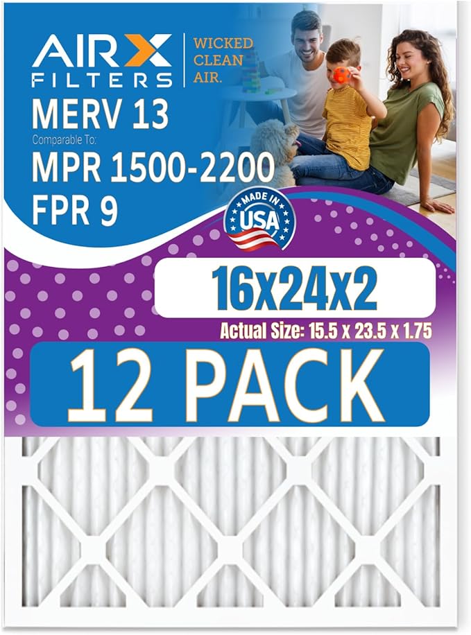 16x24x2 Air Filter MERV 13 Rating, 12 Pack of Furnace Filters Comparable to MPR 1500-2200 & FPR 9 - Made in USA by AIRX FILTERS WICKED CLEAN AIR.