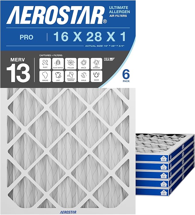 Aerostar 16x28x1 MERV 13 Pleated Air Filter, 6 Pack, AC Furnace Filters, HVAC Filter, Air Conditioner Filters, Heater Filters Replacement for Home (Actual Size: 16x28x0.75)