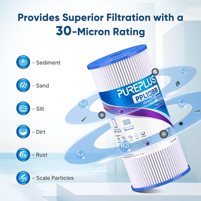 PUREPLUS 30 Micron 10" x 4.5" Whole House Pleated Sediment Filter for Well Water, Replacement Cartridge for GE FXHSC, Culligan R50-BBSA, Pentek R50-BB, DuPont WFHDC3001, W50PEHD, GXWH40L, 4Pack