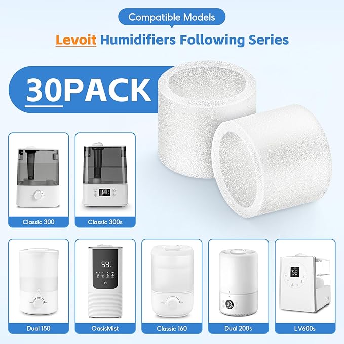 30-Pack Top Fill Humidifier Replacement Filters for Classic160, Dual150, Dual200S, Classic300(S), LV600S, OasisMist450S, Superior6000S, Clean Particles Improve Humidification Efficiency