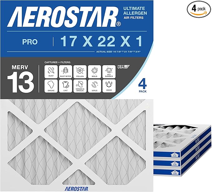 Aerostar 17x22x1 MERV 13 Pleated Air Filter, 4 Pack, AC Furnace Filters, HVAC Filter, Air Conditioner Filters, Heater Filters Replacement for Home (Actual Size: 16.875x21.875x0.75)