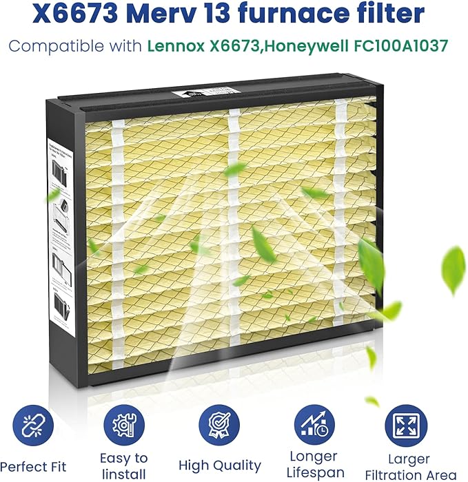 2-Pack 20x25x5 Air Filter MERV 13 Superior Pet & Allergy Defense, Pleated HVAC AC Furnace Filters Compatible with Lennox X6673(Actual Size: 19.88 x 24.75 x 4.38inch)