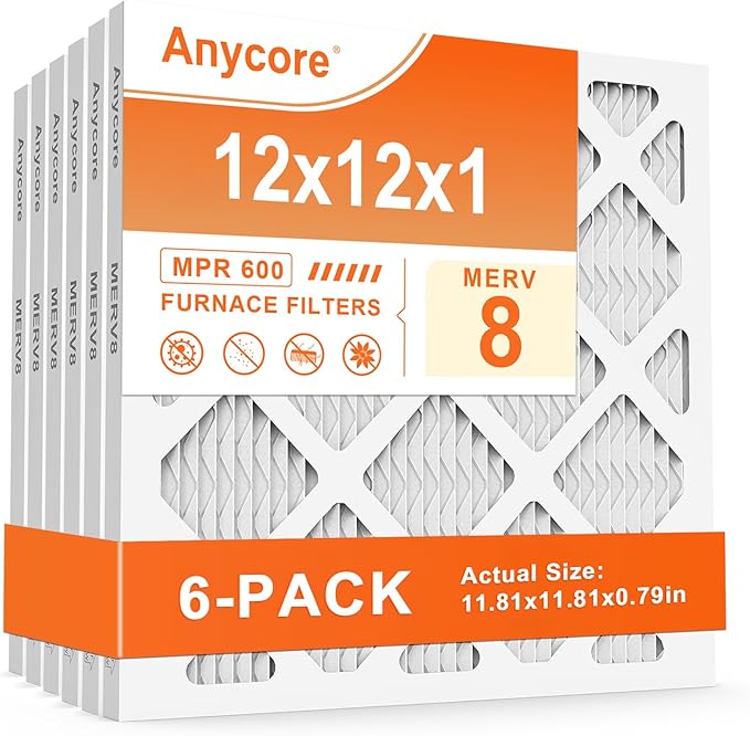 12x12x1 Air Filter 6-Pack MERV 8 MPR 600 FPR 5 AC Furnace Pleated Filters for Home Office (Actual Size: 11.81x11.81x0.79 inch)
