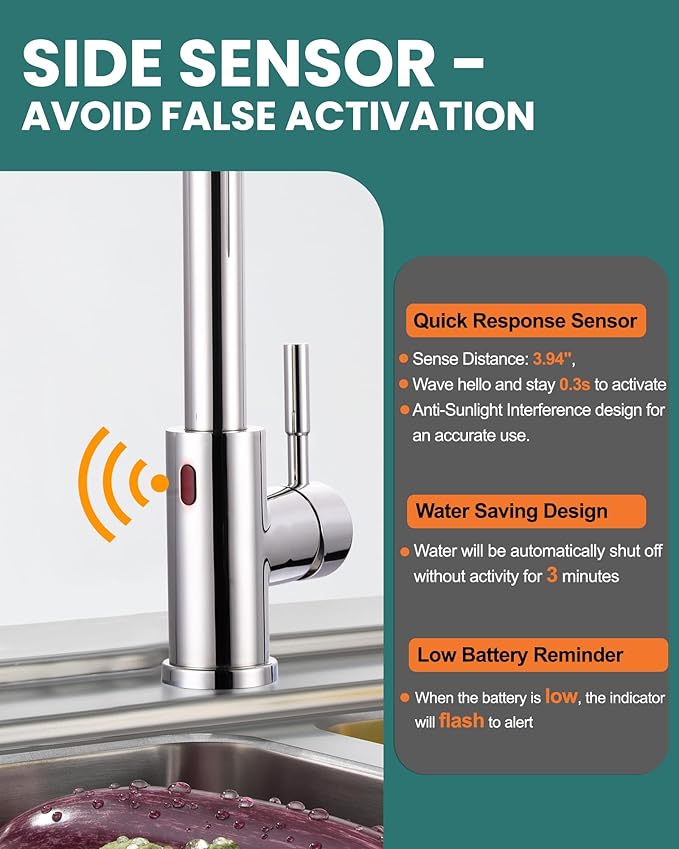 Touchless Kitchen Faucet Stainless Steel: WOWOW Smart Motion Sensor Kitchen Sink Faucet with Sprayer, Automatic Hand-Free Polished Chrome Kitchen Faucet for Sink 1 or 3 Hole
