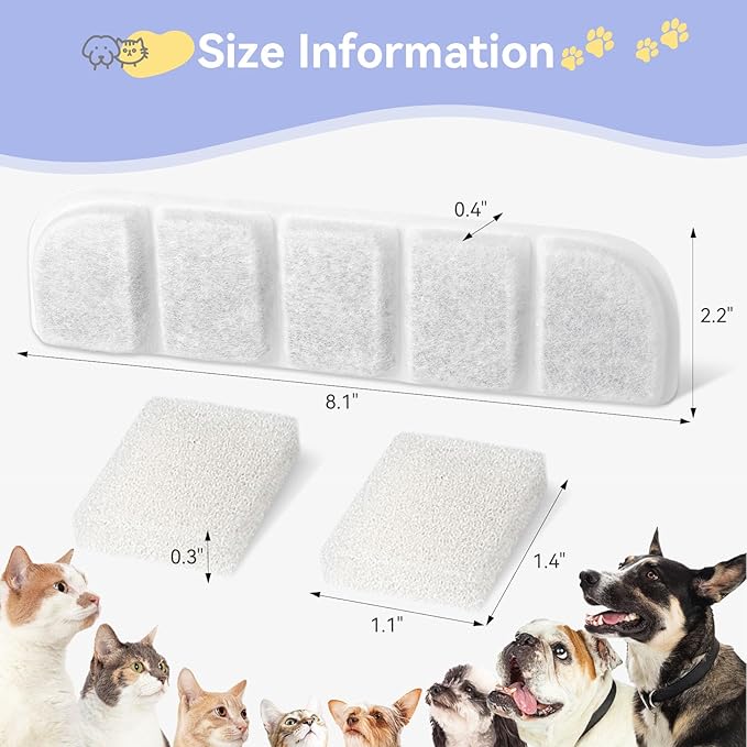 24 Pack Replacement Filter for SIBAYS & Kastty 355oz / 2.8Gal / 10.5L Large Dog Water Fountain(FS70), 12 PCS Coconut Shell Activated Carbon Pet Water Fountain Filters with 12 Pack Sponges(P/N:L07)