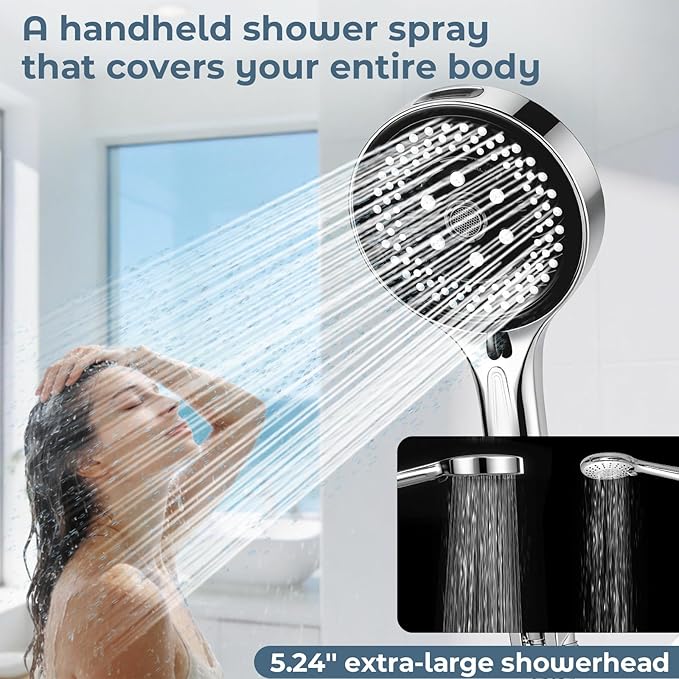 Filtered High Pressure 7-Function Shower Head with Handheld – 5.24" Spray Nozzles, 59" Stainless Steel Hose & Adjustable Shower Holder for Full Body Coverage Chrome
