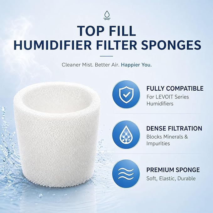 50-Pack Top Fill Humidifier Replacement Filters Compatible with Levoit Humidifier Models Classic160, Dual150, Dual200S, Classic300S, LV600S, OasisMist 450S, Superior 6000S