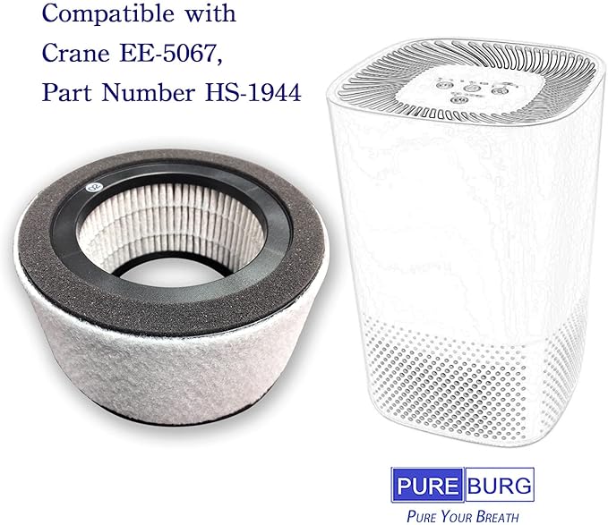 PUREBURG Replacement Filter Compatible with Crane EE-5067 Air Purifier HS-1944, Pack of 2, H13 HEPA Activated Carbon 2-IN-1 4-Stage Filtration Pre-Filter (Washable)