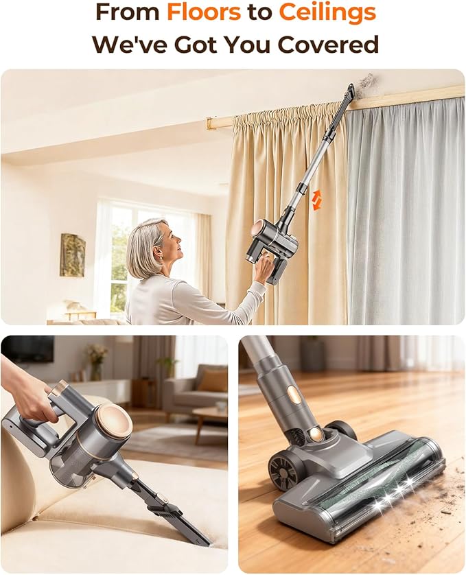 UML0 N8 Cordless Vacuum Cleaner,Lightweight Stick Vacuum with Powerful Suction,2200mAh Battery,40 Mins Runtime, Self-Standing,Rechargeable Vacuum Cleaners for Home Hardwood Floor Pet Hair (Champagne)