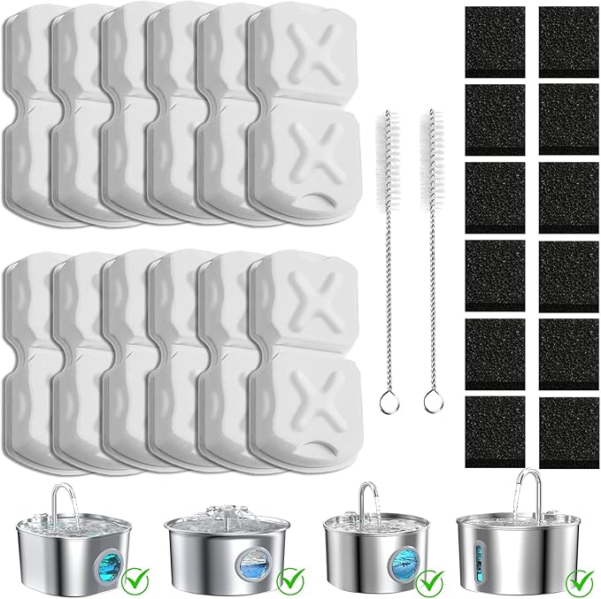 Cat Water Fountain Filter Replacement Kit - 12 Cat Fountain Filters, 12 Sponges & 2 Brushes, Compatible with Stainless Steel Pet Fountains