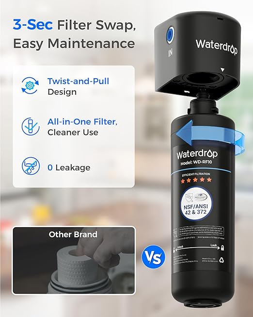 Waterdrop 10UB Under Sink Water Filter System, Reduces PFAS, PFOA/PFOS, Lead, Chlorine, Bad Taste & Odor, NSF/ANSI 42 Certified, Under Sink Water Filter with Faucet, 1 Year