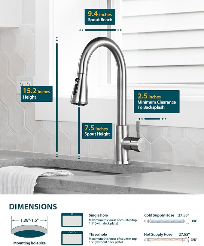 Hiqufet Kitchen Faucet with Pull Down Sprayer, Single Handle High Arc Kitchen Sink Faucet, Lead-Free Stainless Steel Modern Rv Bar Sink Faucets (Brushed Nickel)