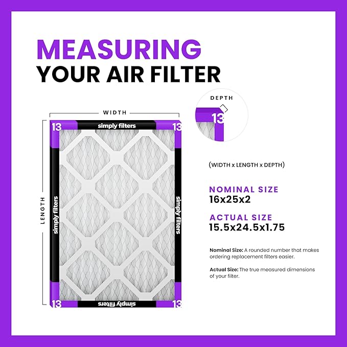 Simply 16x25x2 Air Filter, MERV 13, 6 Pack, Furnace Air Filter for HVAC (Actual Size: 15.5"x24.5"x1.75") DUST, Pet & Allergy Control