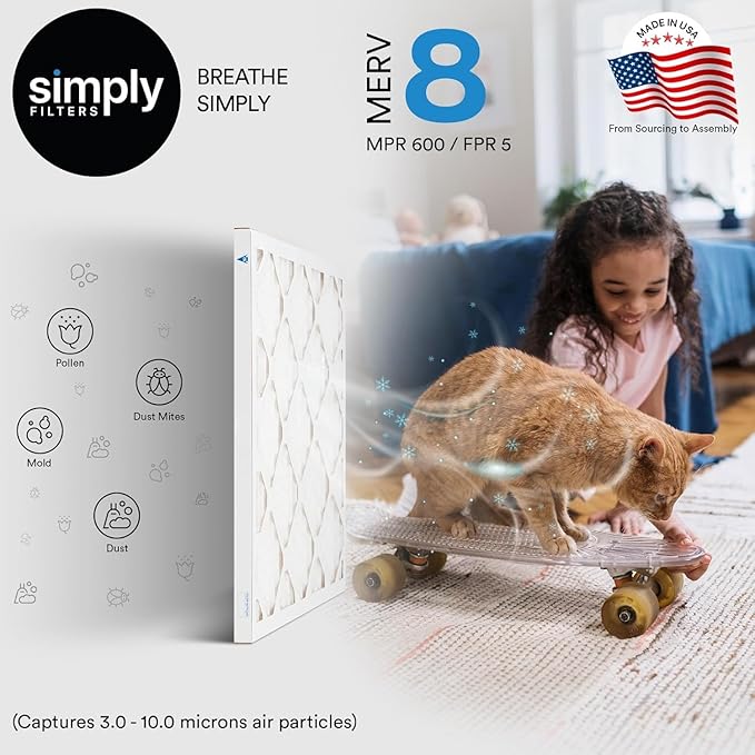Simply 20x25x2 Air Filter, MERV 8, MPR 600, 2 Pack, Furnace Air Filter for HVAC (Actual Size: 19.5"x24.5"x1.75") DUST, Pet & Allergy Control