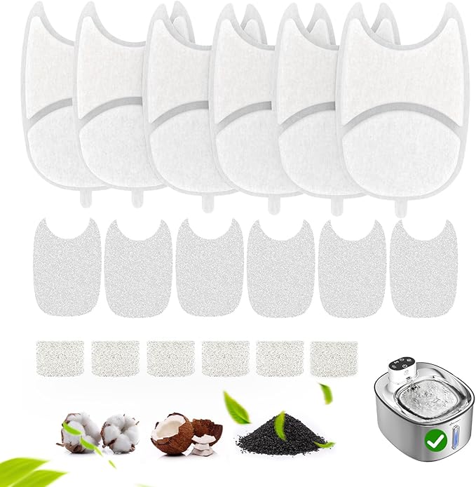 Cat Water Fountain Filter,6 Pack FS11PRO Cat Fountain Filter Replacement, 6 PCS Filters & 6 PCS Sponge Set for Stainless Steel Cat Dispenser,6 Layer Filters for Pet Fountain