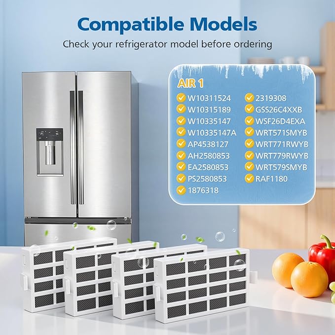 W10311524 AIR1 Refrigerator Air Filter Compatible with Whirl-pool, Ken-more Refrigerator, for Fresh Flow Refrigerator Air Filter Cartridge, Replaces AIR1, W10315189, 1876318, PS2580853, 4 Pack(White)