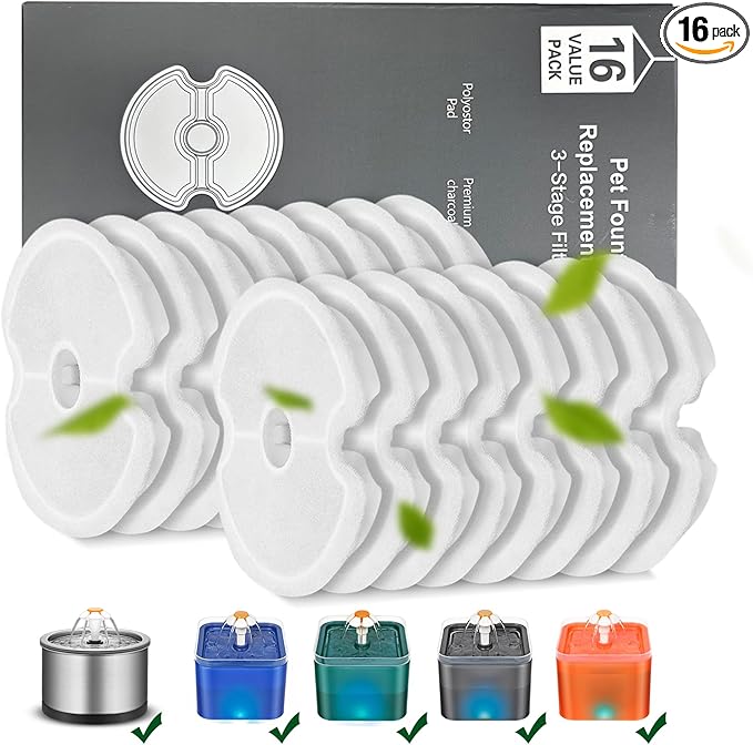 Cat Water Fountain Filters, Multiple Filtration Pet Water Fountain Replacement Filter,8 or 12 Packs of Cotton Activated Carbon Cat Fountain Filters (Filter 16 pack)