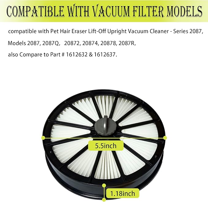 Filter Compatible with Bissell 2087 Series Hair Eraser Lift-Off Upright Vacuum 20871 2087 20872 20874 20878 2087R 2087Q Compare to Part 1612637 & 1612631 Vacuums replacement Filter parts