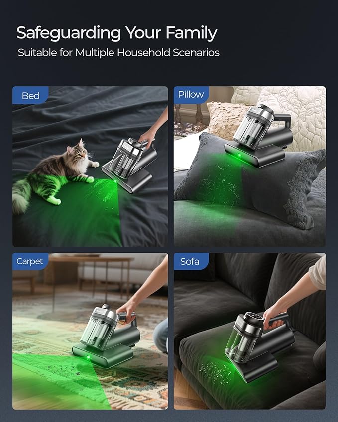 Teant Powerful Mattress Bed Vacuum Cleaner, 2-Speed (14kPa/18kPa) Mattress Vacuum with Green Light Dust Detection, 253.7nm UV-C Light, LED Display, HEPA Filter, 149℉ Heat, Aroma for Bed Couch Carpet