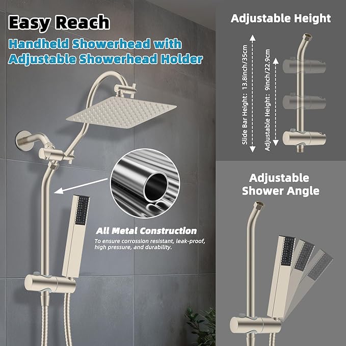 Hibbent cUPC Certified High Pressure 12'' Rainfall Shower Head, Showerhead Combo with 4-mode Handheld Spray, 12'' Adjustable Extension Arm, Extension Bar, Easy Reach Holder, 71'' Hose, Brushed Nickel
