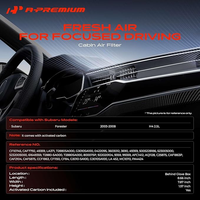 A-Premium Cabin Air Filter with Activated Carbon Compatible with Subaru Forester 2003 2004 2005 2006 2007 2008, 2.5L, AWD, Replace# G3010SA100, 72880SA000