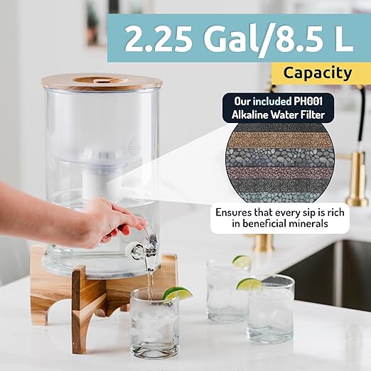 Invigorated Water pH Recharge Glass Alkaline Water Dispenser Filter System - Countertop Purifier Pitcher for Home and Office - High pH Pure Drinking Water Filtration - 36 Cups (Acacia Marble Set)
