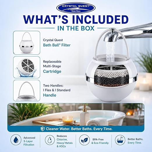 Crystal Quest Bath Ball Filter for Tub Faucet, Bathtub Water Filter, BPA-Free Bathtub Filter, Removes Chlorine, Lead & Impurities, Improves Skin, Hair & Nails, Long Lasting, Fits Most Tubs - White