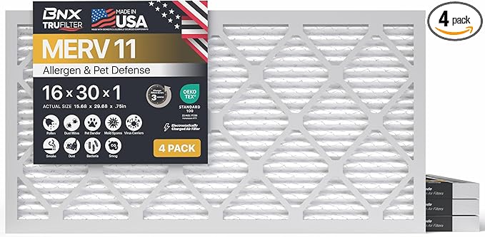 BNX TruFilter 16x30x1 Air Filter MERV 11 (4-Pack) - MADE IN USA - Allergen Defense Electrostatic Pleated Air Conditioner HVAC AC Furnace Filters for Allergies, Dust, Pet, Smoke, Allergy MPR 1200 FPR 7