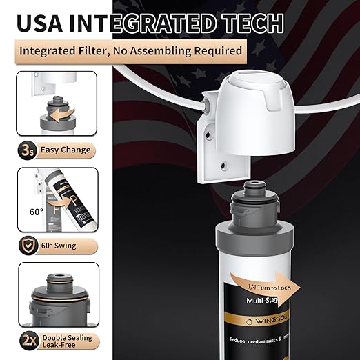 WINGSOL Under Sink Water Filter System with Black Faucet, NSF/ANSI 42&53 Anti-Clogged Pleated Filter Quick Change EZ Install, Reduce PFAS/Lead/Chlorine/Sediment, Long-Lasting Water Purifier