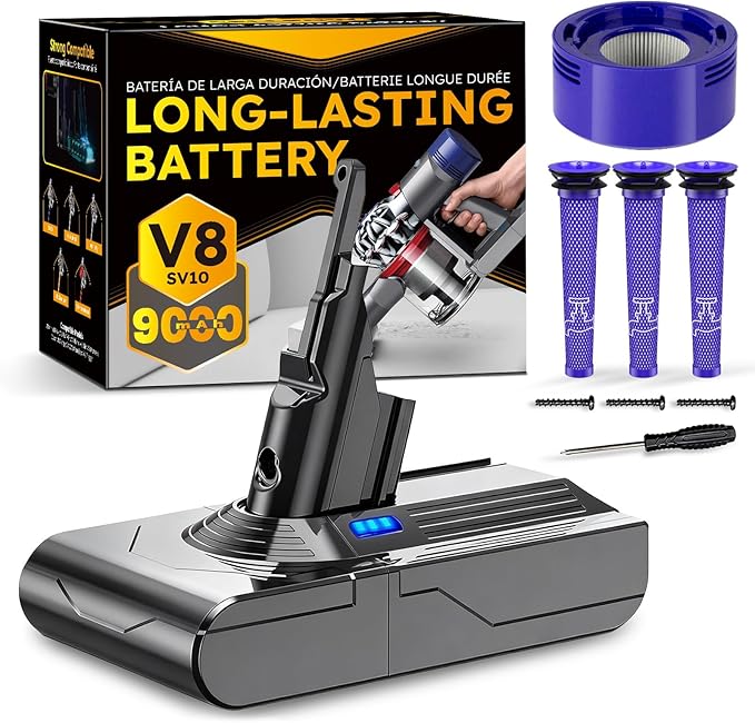 Upgraded 9000mAh V8/SV10 Battery Replacement Compatible with Dyson V8 Animal/Absolute/Motorhead/Fluffy Series Cordless Vacuum Cleaner with 4 Filters (3 Pre + 1 Post).