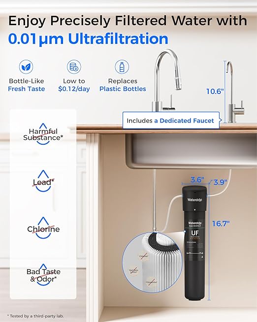 Waterdrop 15UB-UF 0.01 μm Ultra Filtration Under Sink Water Filter System, Reduces Lead, Chlorine, Bad Taste & Odor, with Dedicated Brushed Nickel Faucet, 2 Years