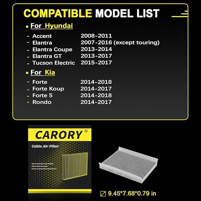 CARORY Cabin Air Filter w/Activated Carbon for Hyundai Accent 08–11, Elantra 07–16, Elantra Coupe 13–14, Elantra GT 13–17, Kia Forte 14–18, Forte Koup 14–17, Forte 5 14–18, Rondo 14–17 and More